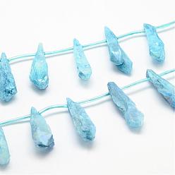 Светло-Голубой Гальванические природный кристалл кварца бусы пряди, сверху просверленные бусы, окрашенные, слеза, Небесно-голубой, 27~34x8~12x5~9 мм, отверстие : 1.5 мм, около 22 шт / нитка, 14.3 дюйм
