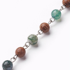 Moss Agate Handmade Natural Moss Agate Beaded Chains, Unwelded, with Wood Beads and Iron Eye Pin, 39.37 inch(1m)/strand