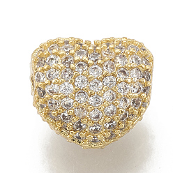 Golden Brass Micro Pave Cubic Zirconia Beads, Heart, Clear, Golden, 8x7x5mm, Hole: 1mm