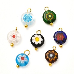 Mixed Color Lampwork Pendants, with Handmade Millefiori Glass Charms and Brass Pins, Flat Round with Flower Pattern, Mixed Color, 12x8x3mm, Hole: 1.2mm