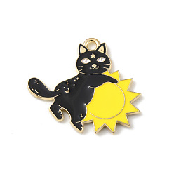 Sol Colgantes de la aleación del esmalte, la luz de oro, amuleto de gato, sol, 23x27.5x1 mm, agujero: 2 mm