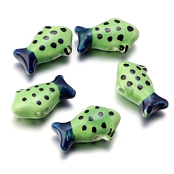 Verde Claro Cuentas de porcelana hechas a mano perlado, pescado, verde claro, 20x12 mm, agujero: 2.2 mm, sobre 5 unidades / bolsa
