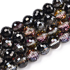 Black Transparent Electroplate Glass Bead Strands, AB Color Plated, Faceted(96 Facets), Round, Black, 8mm, Hole: 1.4mm, about 70pcs/strand, 19.88 inch~20.67 inch(50.5~52.5cm)
