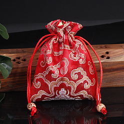 Fuego Ladrillo Bolsas de embalaje de joyería de satén con estampado de flores de estilo chino, bolsas de regalo con cordón, Rectángulo, ladrillo refractario, 14x11 cm