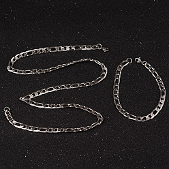 Couleur Acier Inoxydable 304 figaro en acier inoxydable chaînes colliers et des bracelets ensembles de bijoux, avec fermoir pince de homard, facette, couleur inox, 23.42 pouces (595 mm), 215 mm (8-1/2 pouces), 6.8mm