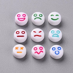 Mixed Color White Opaque Acrylic Beads, Flat Round with Expression, Mixed Color, 7x4mm, Hole: 1.6mm, about 3650pcs/500g