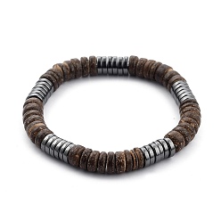 Coconut Brown Stretch Beaded Bracelet, with Natural Coconut Shell Beads and Non-magnetic Synthetic Hematite Beads, Heishi Beads, Flat Round, Coconut Brown, Inner Diameter: 2-1/4 inch(5.8cm)