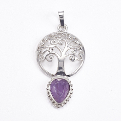 Amethyst Brass Pendants, Natural Amethyst, Faceted, Hollow Flat Round with Tree of Life and Teardrop, Platinum, 49x27x6mm