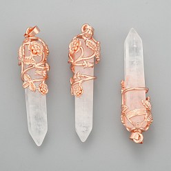 Cristal de Quartz Pendentifs à facettes en cristal quartz naturel, pendentifs en cristal de roche, avec les accessoires en laiton, balle, or rose, 57~60x16mm, Trou: 8x5mm