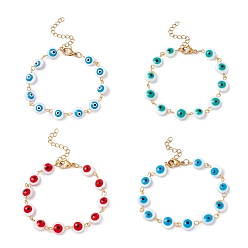 Mixed Color Natural Shell Flat Round with Evil Eye Link Chain Bracelet with Enamel, 304 Stainless Steel Jewelry for Women, Golden, Mixed Color, 6-1/2~6-3/4 inch(16.5~17.2cm)