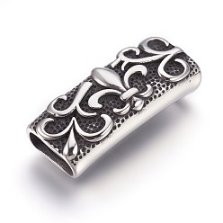 Antique Silver 304 Stainless Steel Slide Charms, Rectangle with Fleur De Lis, Antique Silver, 39x15x8mm, Hole: 6x12.5mm