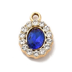 Blue UV Plating Alloy Pendants, with Crystal Rhinestone and Glass, Golden, Oval Charms, Blue, 18x12.5x4mm, Hole: 2mm