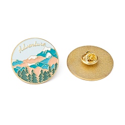 Light Sky Blue Creative Zinc Alloy Brooches, Enamel Lapel Pin, with Iron Butterfly Clutches or Rubber Clutches, Flat Round with Word Adventure, Light Sky Blue, 31mm, Pin: 1mm
