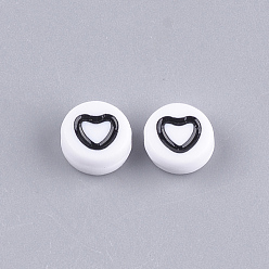 White Opaque Acrylic Beads, Flat Round with Heart, White, 7x3.5mm, Hole: 1.2mm, about 3700pcs/500g