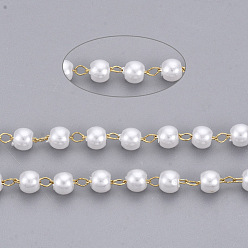 Golden Handmade ABS Plastic Imitation Pearl Beaded Chains, Soldered, with 304 Stainless Steel Chain and Spool, Creamy White, Golden, Link: 2.5x1.5x0.3mm, about 65.61 Feet(20m)/roll