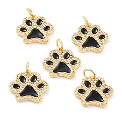Black Real 18K Gold Plated Brass Micro Pave Cubic Zirconia Charms, with Jump Ring and Enamel, Long-Lasting Plated, Dog Paw Prints, Black, 13.5x15x2mm, Jump Ring: 5x1mm, 3mm Inner Diameter