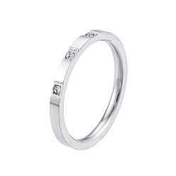 Stainless Steel Color Crystal Rhinestone Simple Thin Finger Ring, 201 Stainless Steel Jewelry for Women, Stainless Steel Color, Inner Diameter: 17mm
