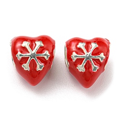Red Christmas Brass Enamel European Beads, Large Hole Beads, Lead Free & Cadmium Free, Long-Lasting Plated, Platinum, Heart with Snowflake, Red, 11x10x9.5mm, Hole: 5mm