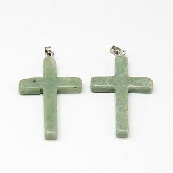 Jade Natural Jade Gemstone Pendants, with Brass Findings, Cross, 38~40x25~26x5~6mm, Hole: 5x2mm