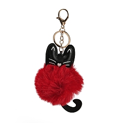 Red Cute Cat PU Leather & Imitate Rex Rabbit Fur Ball Keychain, with Alloy Clasp, for Bag Car Key Decoration, Red, 18cm