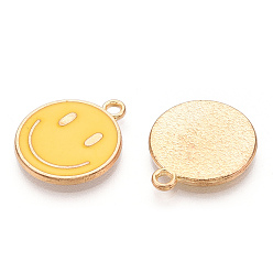 Light Gold Colgantes de esmalte de aleación de tono dorado claro, ronda plana con amuletos de cara sonriente, la luz de oro, 19x16x1.5 mm, agujero: 1.8 mm