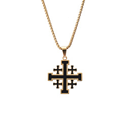 Golden Enamel Cross Pendant Necklace with Box Chains, Titanium Steel Jewelry for Men Women, Golden, 19.69 inch(50cm)
