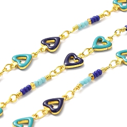 Midnight Blue Handmade Brass Enamel Heart Link Chains, Glass Beaded Chains, Real 18K Gold Plated, Soldered, with Spool, Cadmium Free & Lead Free, Midnight Blue, Bead Link: 17~18x3x2mm, Heart: 10.5x7x2mm