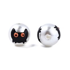 Black Halloween Opaque ABS Plastic Imitation Pearl Enamel Beads, Round with Ghost, Black, 11.5~12mm, Hole: 2mm