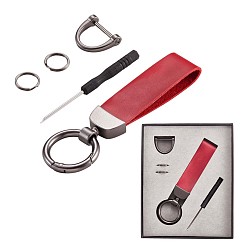 Red Genuine Leather Car Key Keychain, Universal Keychain for Men and Women, 360 Degree Rotatable with Anti-loss D-Ring, 2 Key Rings & 1 Screwdriver, Red, 9.5x2.3cm