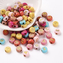 Golden Plated Opaque Mixed Color Acrylic Beads, Metal Enlaced, Flat Round with Random Letters, Golden Plated, 7x4mm, Hole: 1.8mm, about 3700pcs/500g