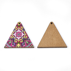 Colorful Printed Basswood Pendants, Back Random Color, Triangle, Colorful, 32x34x3mm, Hole: 1.5mm
