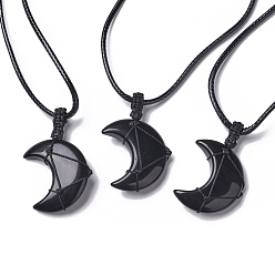 Obsidian Adjustable Natural Obsidian Moon Pendant Necklace, Wax Cord Macrame Pouch Braided Gemstone Jewelry for Women, 29.37~29.69 inch(74.6~75.4cm)