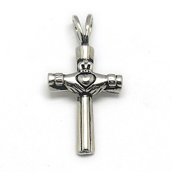 Antique Silver Fashionable Retro 304 Stainless Steel Cross with Claddagh Ring Pendants, Irish, Antique Silver, 33x17x4mm, Hole: 3x5mm