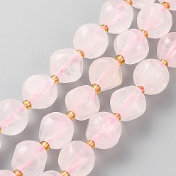Rose Quartz Natural Madagascar Rose Quartz Beads Strands, with Seed Beads, Six Sided Celestial Dice, Faceted, 10~10.5x10~10.5mm, Hole: 1mm, about 17pcs/strand, 7.99 inch(20.3cm)