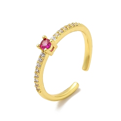 Hot Pink Cubic Zirconia Open Cuff Ring, Rack Plating Real 18K Gold Plated Brass Jewelry for Women, Lead Free & Cadmium Free, Hot Pink, US Size 3, Inner Diameter: 14mm, 2~3.5mm
