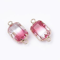 Hot Pink K9 Glass Links connectors, Imitation Tourmaline, with Golden Tone Brass Findings, Faceted, Rectangle, Hot Pink, 22x10.5~1x6~6.5mm, Hole: 2mm