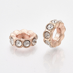 Cristal Perlas europeas de aleación chapada en oro rosa, con diamantes de imitación, abalorios de grande agujero, plano y redondo, cristal, 11.5x4 mm, agujero: 5 mm