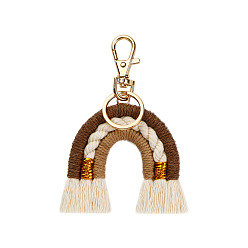 Coconut Brown Macrame Weaving Cotton Rainbow Keychain, Boho Tassel Charms Keychain, Coconut Brown, 105x80mm