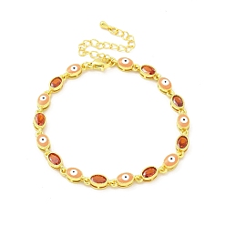 Sandy Brown Enamel Evil Eye & Glass Oval Link Chain Bracelet, Golden Brass Jewelry for Women, Sandy Brown, 7-1/4 inch(18.3cm)