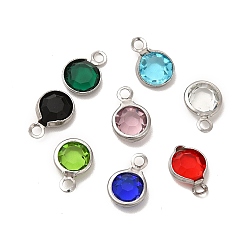 Mixed Color 304 Stainless Steel with Glass Charms, Stainless Steel Color, Faceted Flat Round, Mixed Color, 9.5x6.5x2mm, Hole: 1.5mm