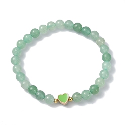 Зеленый Авантюрин Эластичные браслеты из натурального зеленого авантюрина с круглыми бусинами, браслет в форме сердца из сплава эмали для женщин, внутренний диаметр: 2-1/8 дюйм (5.4 см)