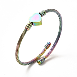 Rainbow Color 201 bracelet manchette perlé cœur en acier inoxydable, bracelet torque pour femme, couleur arc en ciel, diamètre intérieur: 2-1/4 pouce (5.75 cm)