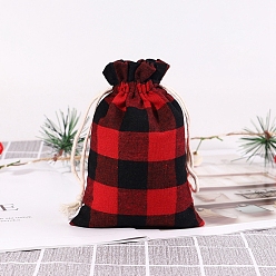 Rouge Toile de jute sur le thème de noël sacs à cordon, pochettes en tartan rectangulaires pour fournitures de fête de noël, rouge, 14x10 cm