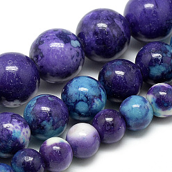 Bleu Ardoise Foncé Océan synthétique perles de jade blanc brins, jade fleur de pluie violet et bleu, teint, ronde, bleu ardoise foncé, 6~7mm, Trou: 1mm, Environ 65 pcs/chapelet, 16.3 pouce
