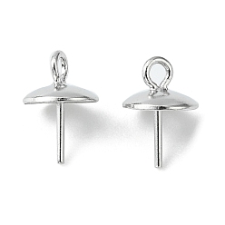 Platinum Rhodium Plated 925 Sterling Silver Cup Pearl Bail Pin Pendants, For Half Drilled Beads, Platinum, 9x6mm, Hole: 2mm, Pin: 0.7mm