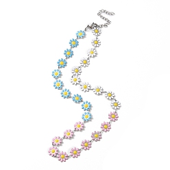 Colorful Enamel Daisy Link Chain Necklace, 304 Stainless Steel Jewelry for Women, Stainless Steel Color, Colorful, 15-3/4 inch(40.2cm)