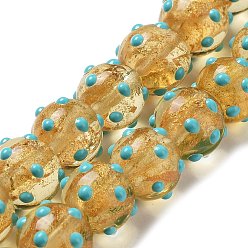 Cyan Handmade Bumpy Lampwork Beads Strands, with Gold Powder, Enamel Style, Round, Cyan, 12mm, Hole: 2.2mm, about 30pcs/strand, 12.91''(32.8cm)