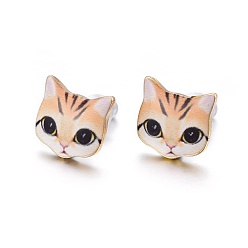 Navajo White Real 14K Gold Plated Alloy Kitten Stud Earrings, with Enamel and Environment Stainless Steel Pin, Printed, Cat Pattern, Navajo White, 10~10.5x10.5~11mm, pin: 0.7mm