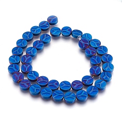 Blue Plated Non-magnetic Synthetic Hematite Bead Strands, Frosted, Flat Round with Letter.Y, Blue Plated, 10x4mm, Hole: 1mm, about 40pcs/strand, 15.7 inch(40cm)