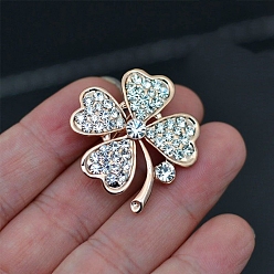 Clover Alloy with Glass Rhinestone Brooch, Clover, 32x32mm